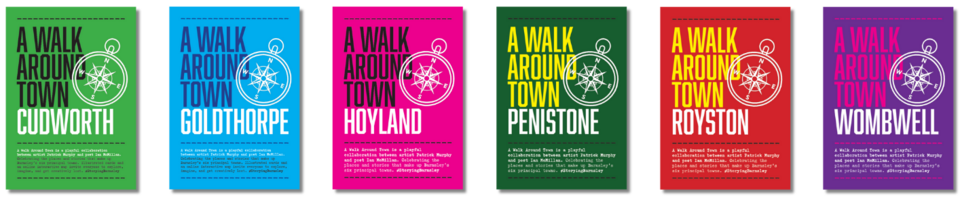 Six colorful posters titled 'A Walk Around Town' featuring Barnsley's Principal Towns and a compass graphic